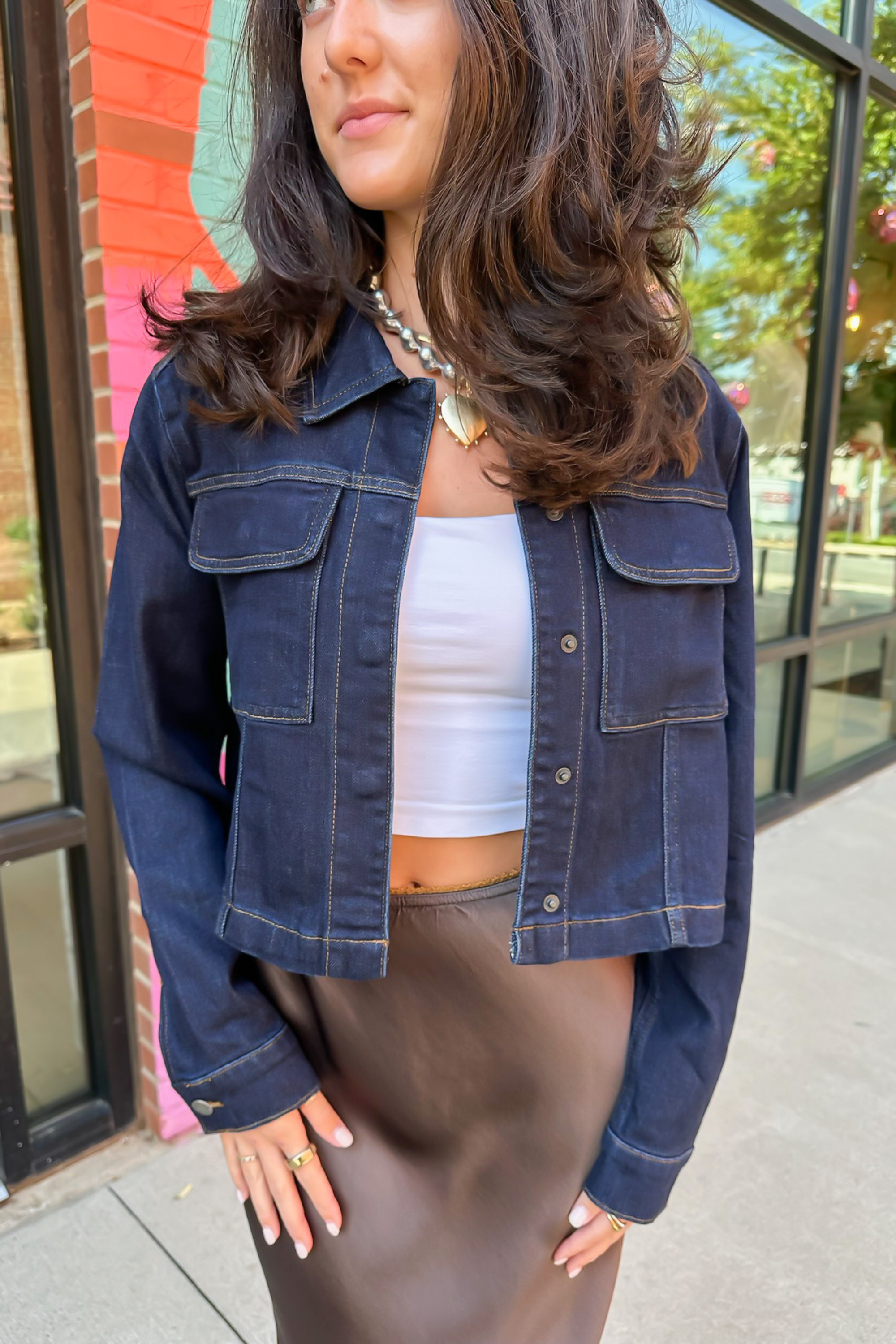 Bliss Snap Button Denim Jacket - Dark Denim