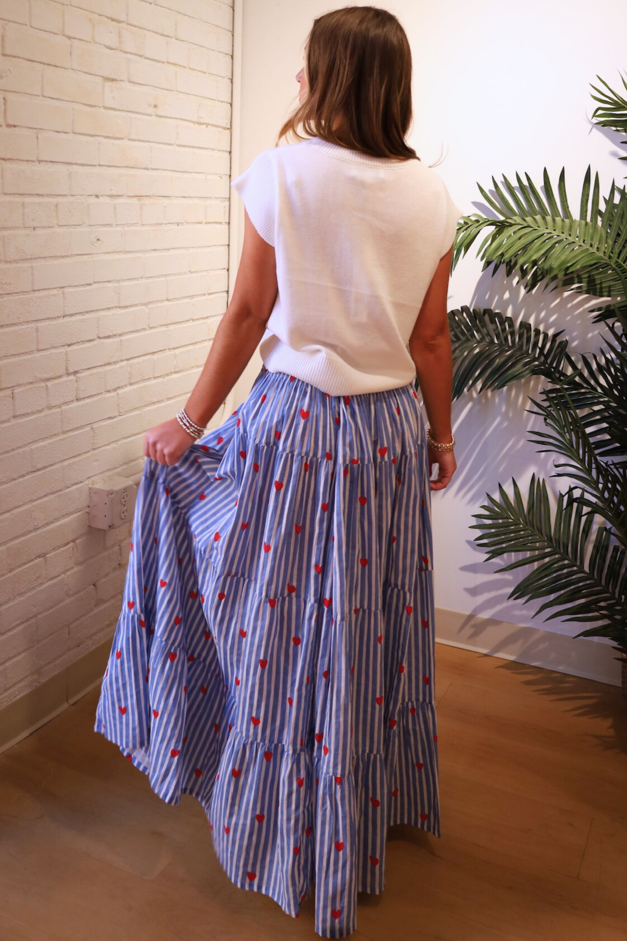 Britt Smocked Maxi Skirt - Stripe Heart Blue