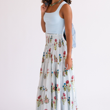 Britt Fall Smocked Midi Skirt - Pinstripe Floral Light Blue