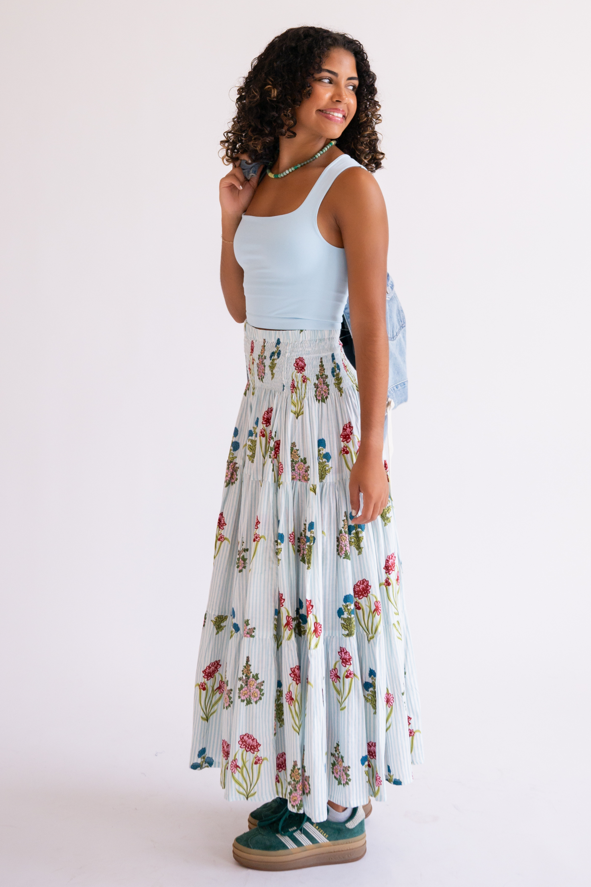 Britt Fall Smocked Midi Skirt - Pinstripe Floral Light Blue