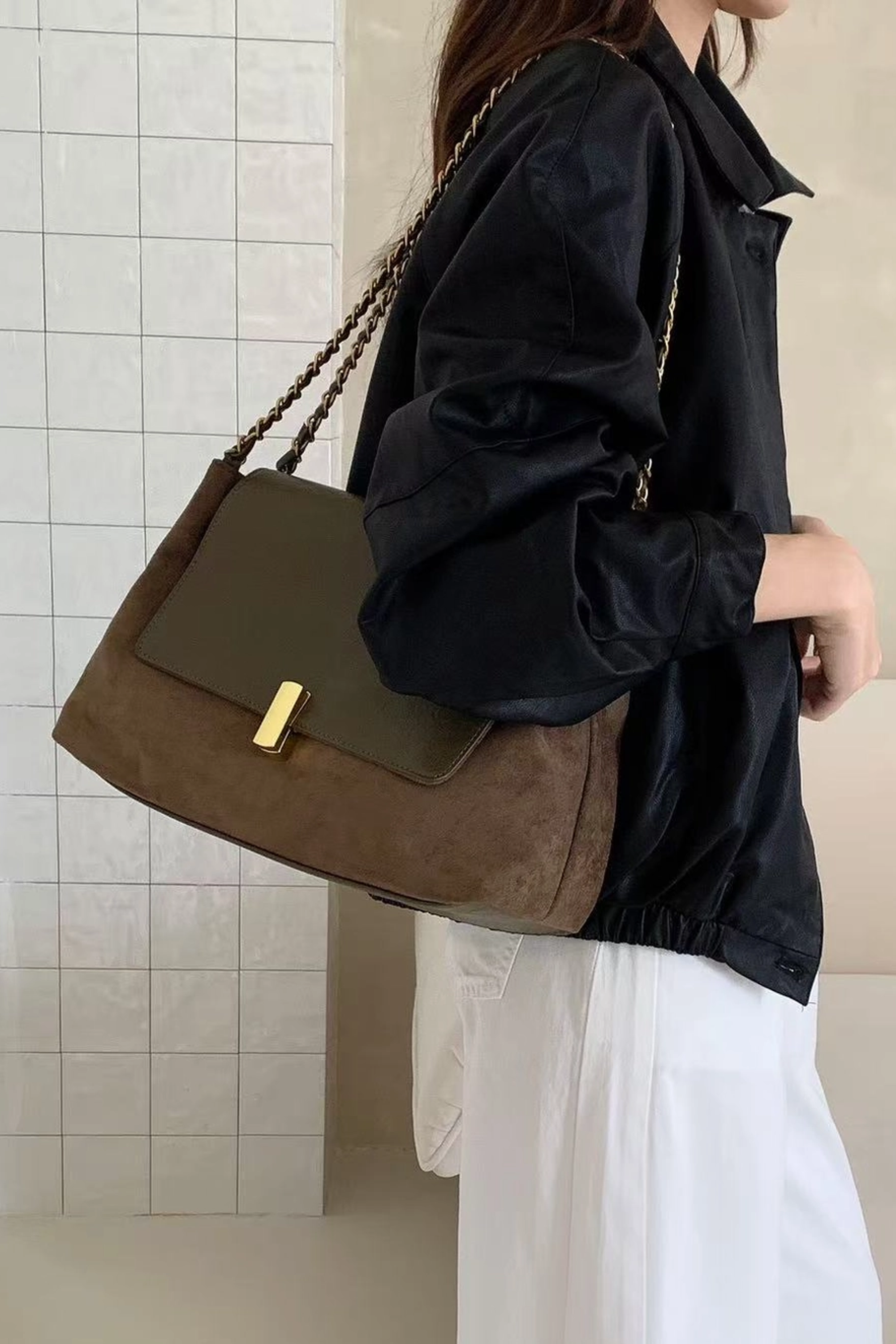Ansel Suede + Leather Shoulder Bag - Olive
