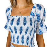 Caroline Smocked Crop Top - White Bluebell