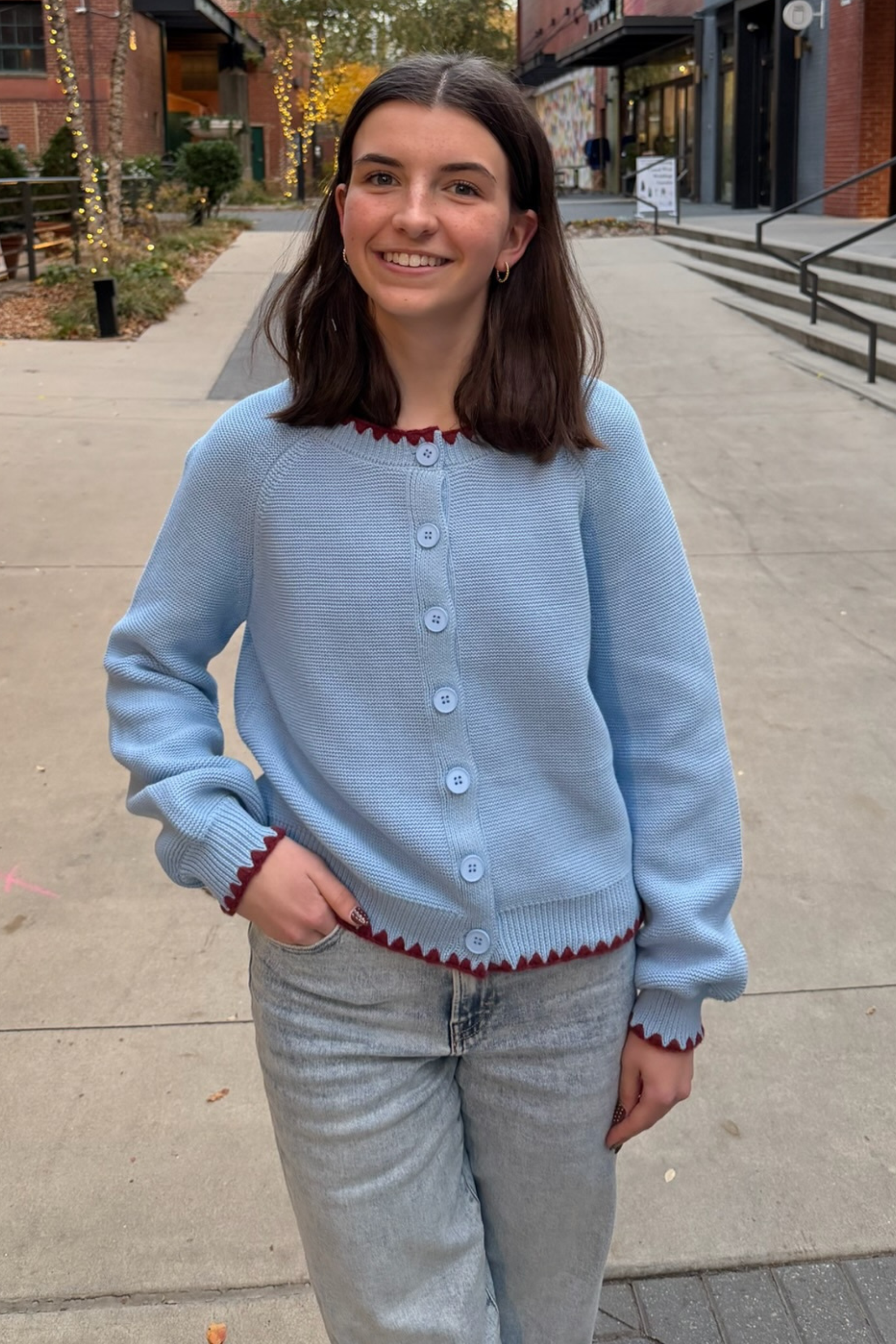 Aliza Contrast Stitch Cardigan - Blue/Red