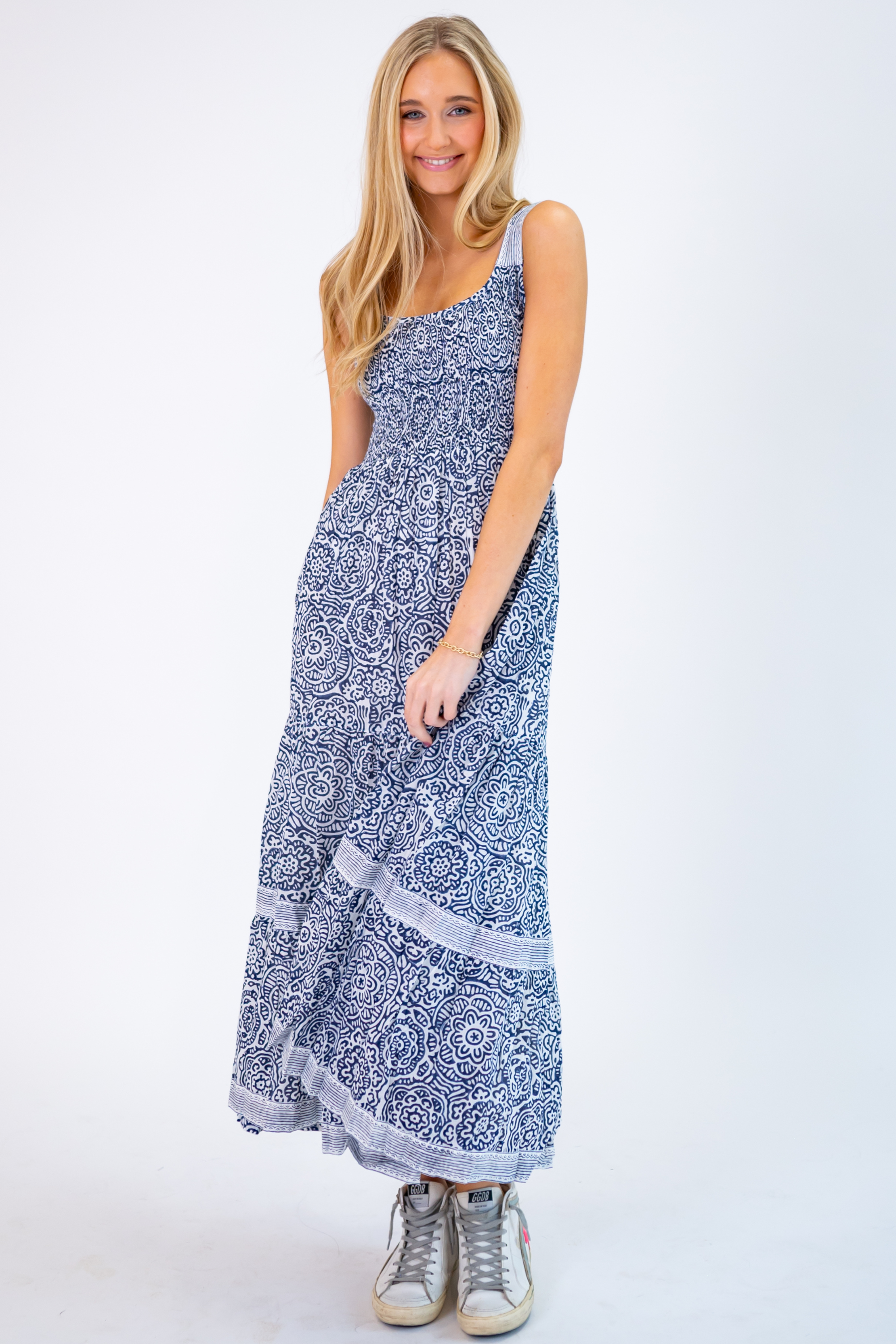 Katie Smocked Maxi Dress - Flower Explosion Navy