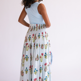 Britt Fall Smocked Midi Skirt - Pinstripe Floral Light Blue