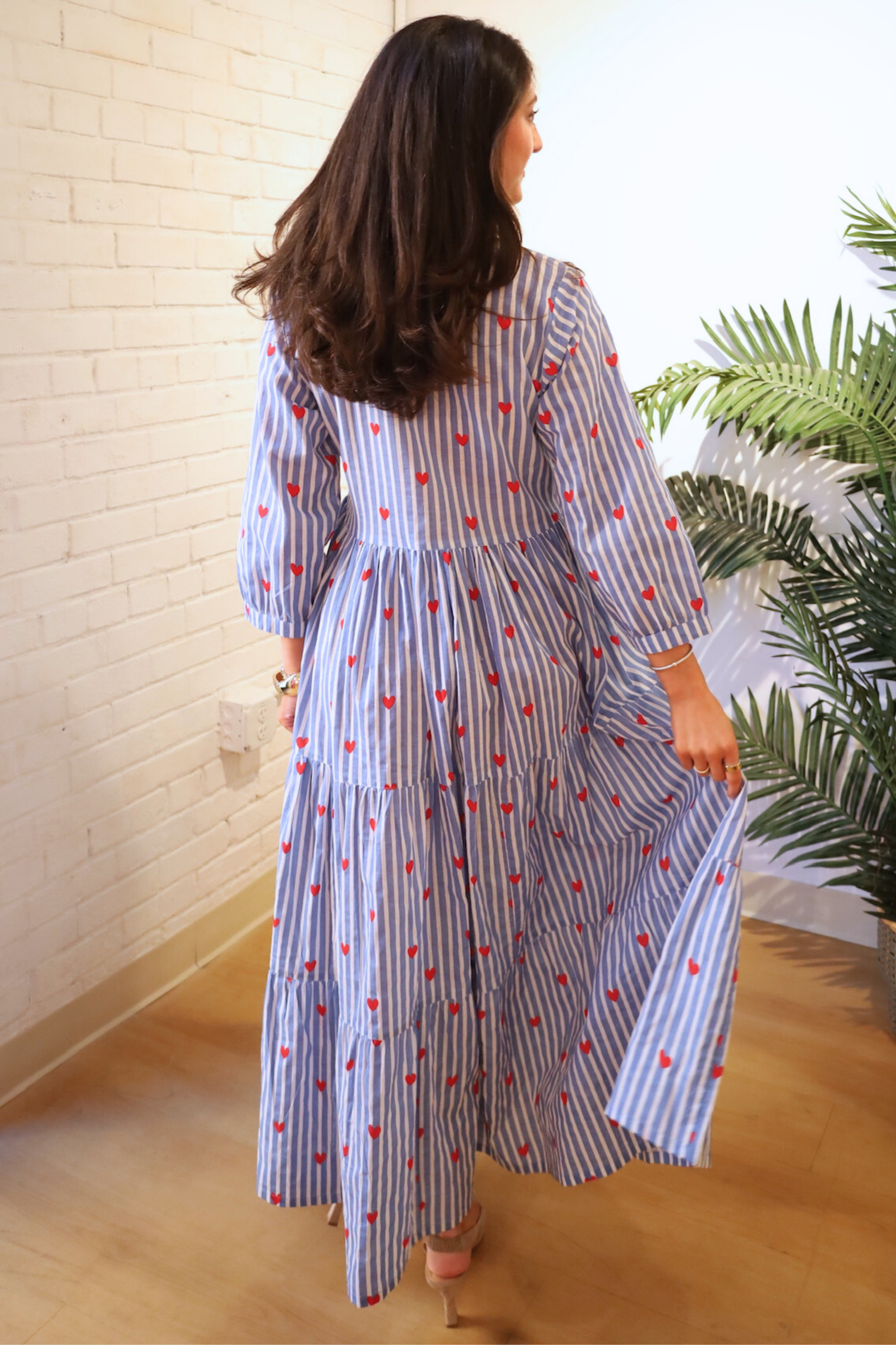 Esther 3/4 Sleeve Maxi Dress - Stripe Heart Blue