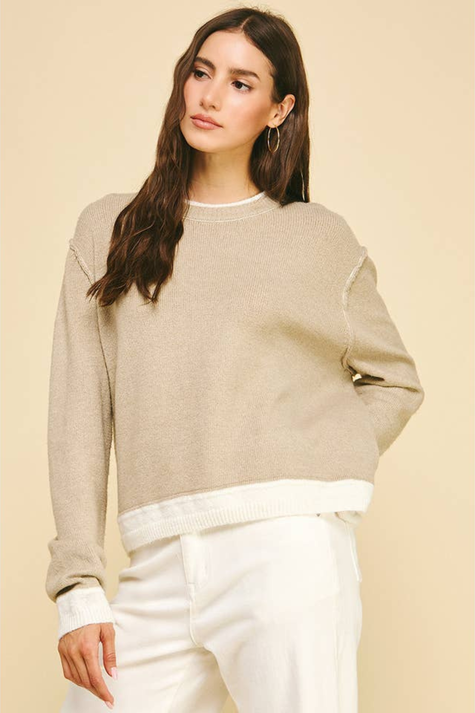 Cloe Contrast Hem Sweater - Taupe