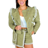 Marissa Twill Embroidered Jacket - Olive/Ivory