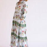 Esther 3/4 Sleeve Blockprint Maxi Dress - Pinstripe Floral Light Blue