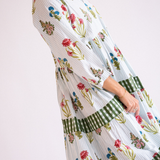 Esther 3/4 Sleeve Blockprint Maxi Dress - Pinstripe Floral Light Blue