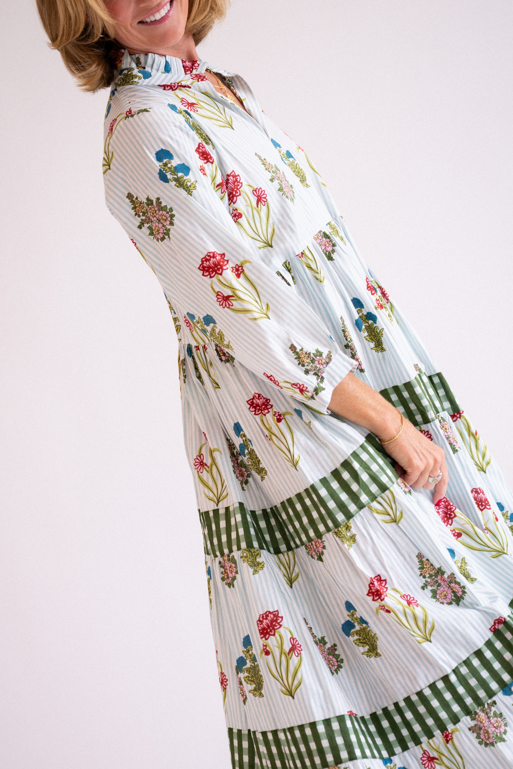 Esther 3/4 Sleeve Blockprint Maxi Dress - Pinstripe Floral Light Blue