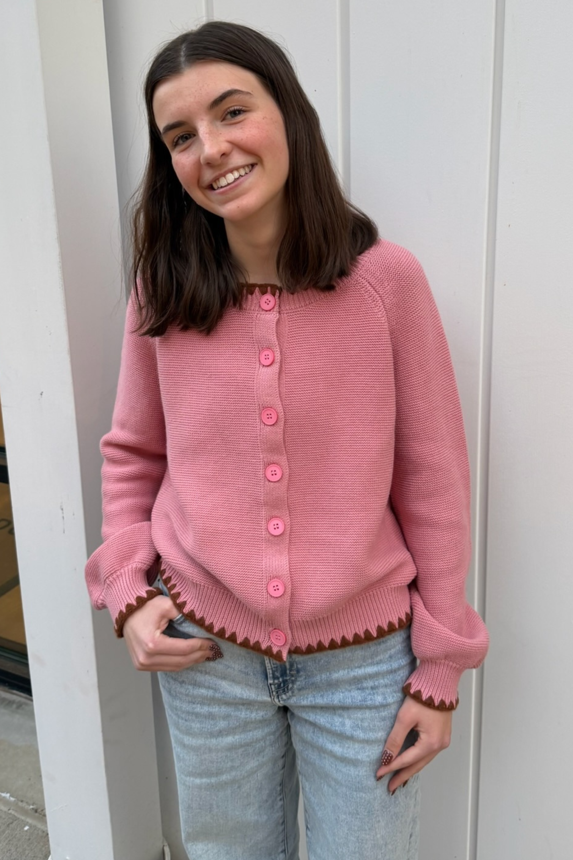 Aliza Contrast Stitch Cardigan - Pink/Brown