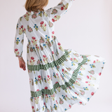 Esther 3/4 Sleeve Blockprint Maxi Dress - Pinstripe Floral Light Blue