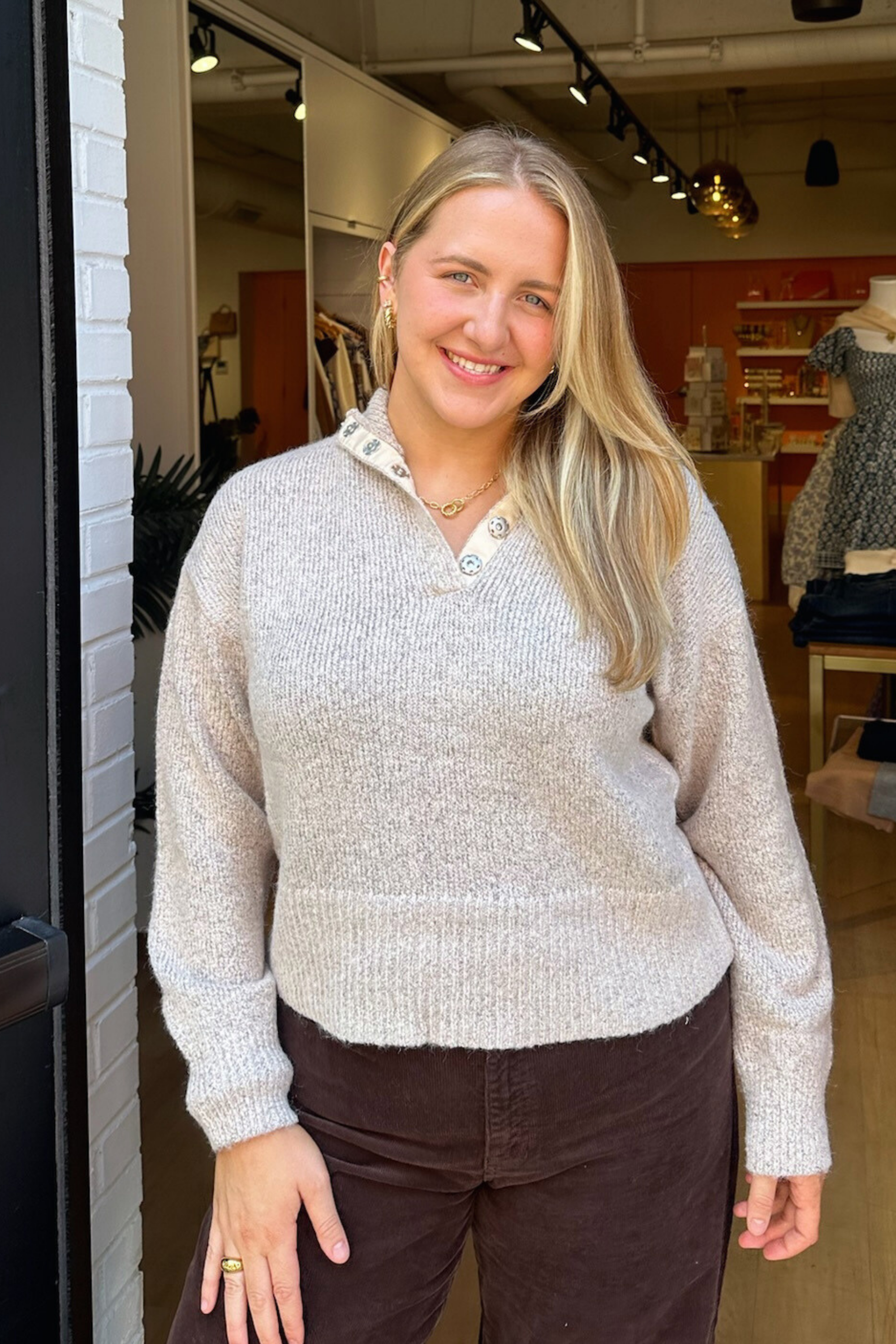 Emily Snap Henley Sweater - Oat