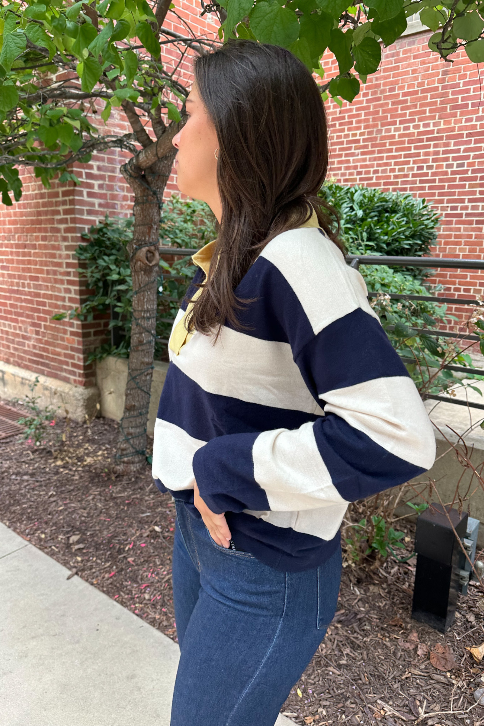 Colchique Colorblock Collared Sweater - Bleu Marine
