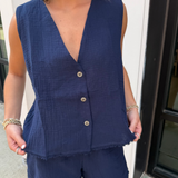 Sallie Linen Top - Navy