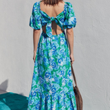 Remy Floral Back Tie Dress - Blue/Green Floral