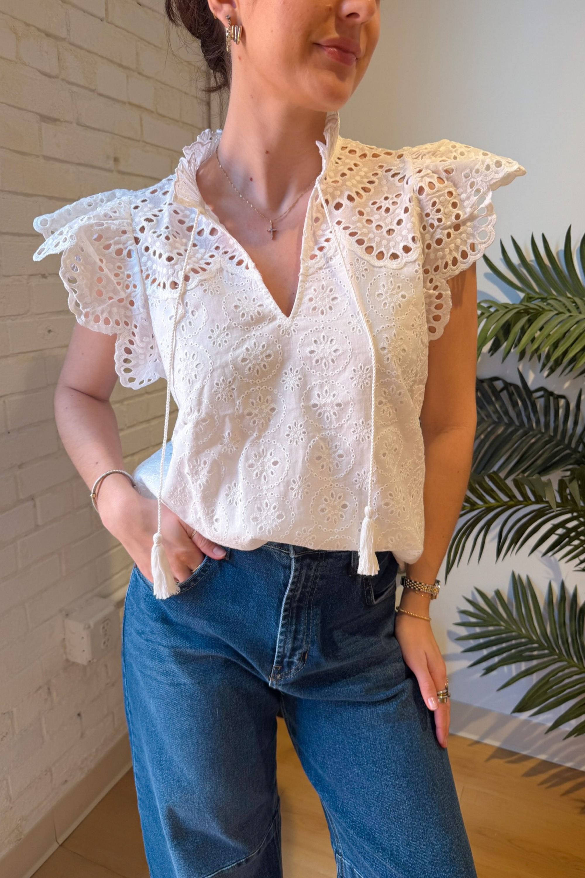 Marley Eyelet Short Sleeve Top - White