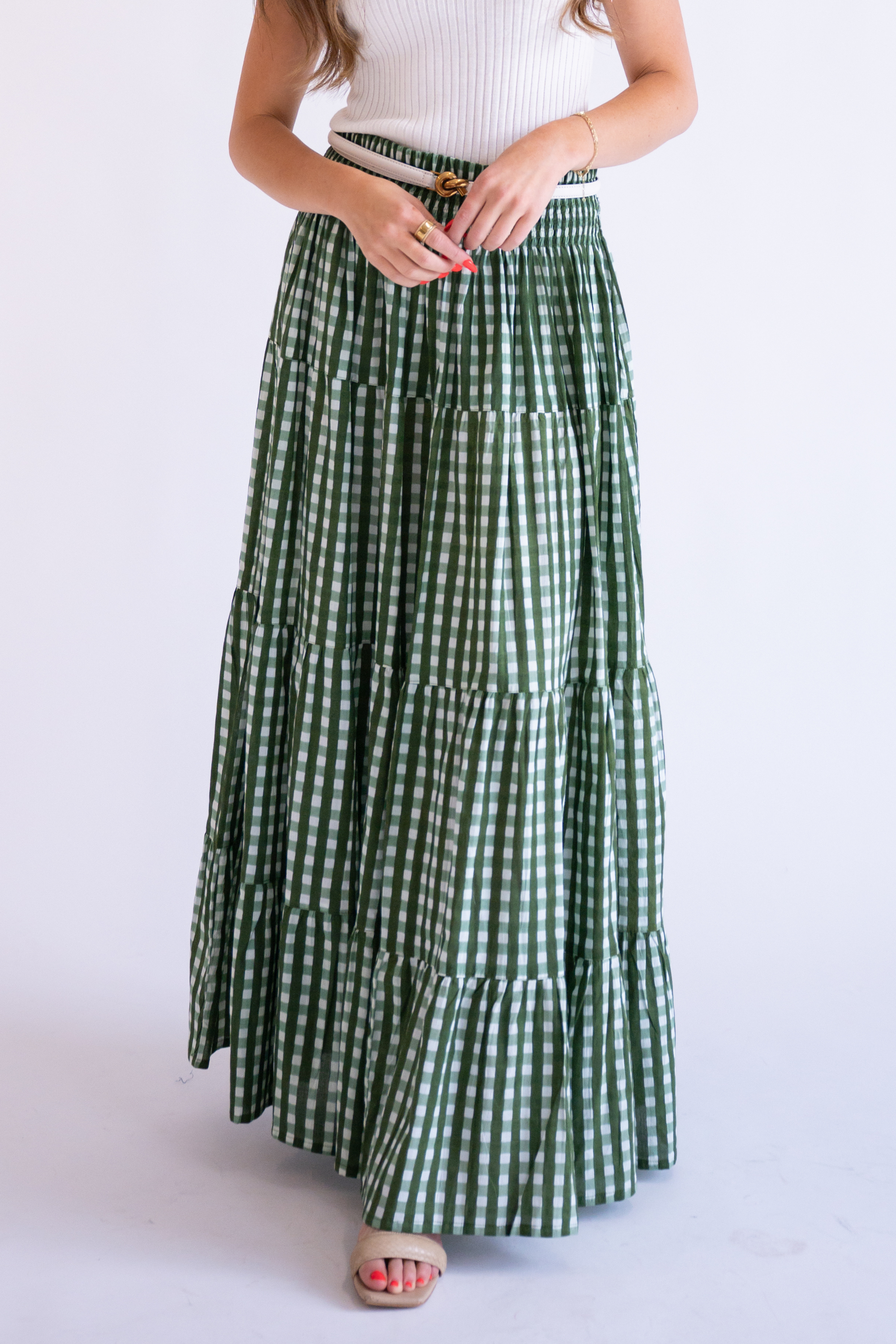 Lucy Smocked Maxi Skirt - Gingham Olive