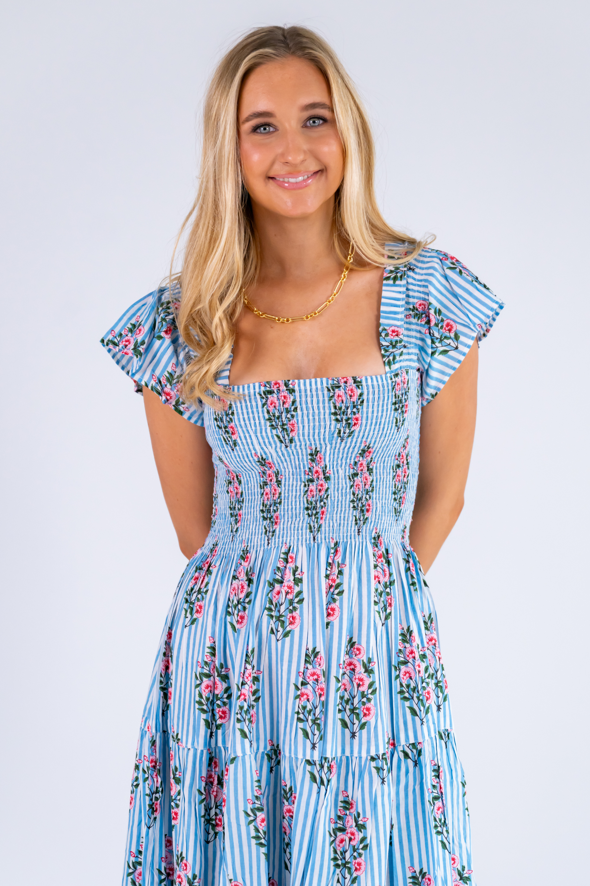 Lil Smocked Maxi Dress - Mini Stripe Floral Light Blue
