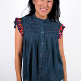 Shea Embroidered Button Down Top - Navy