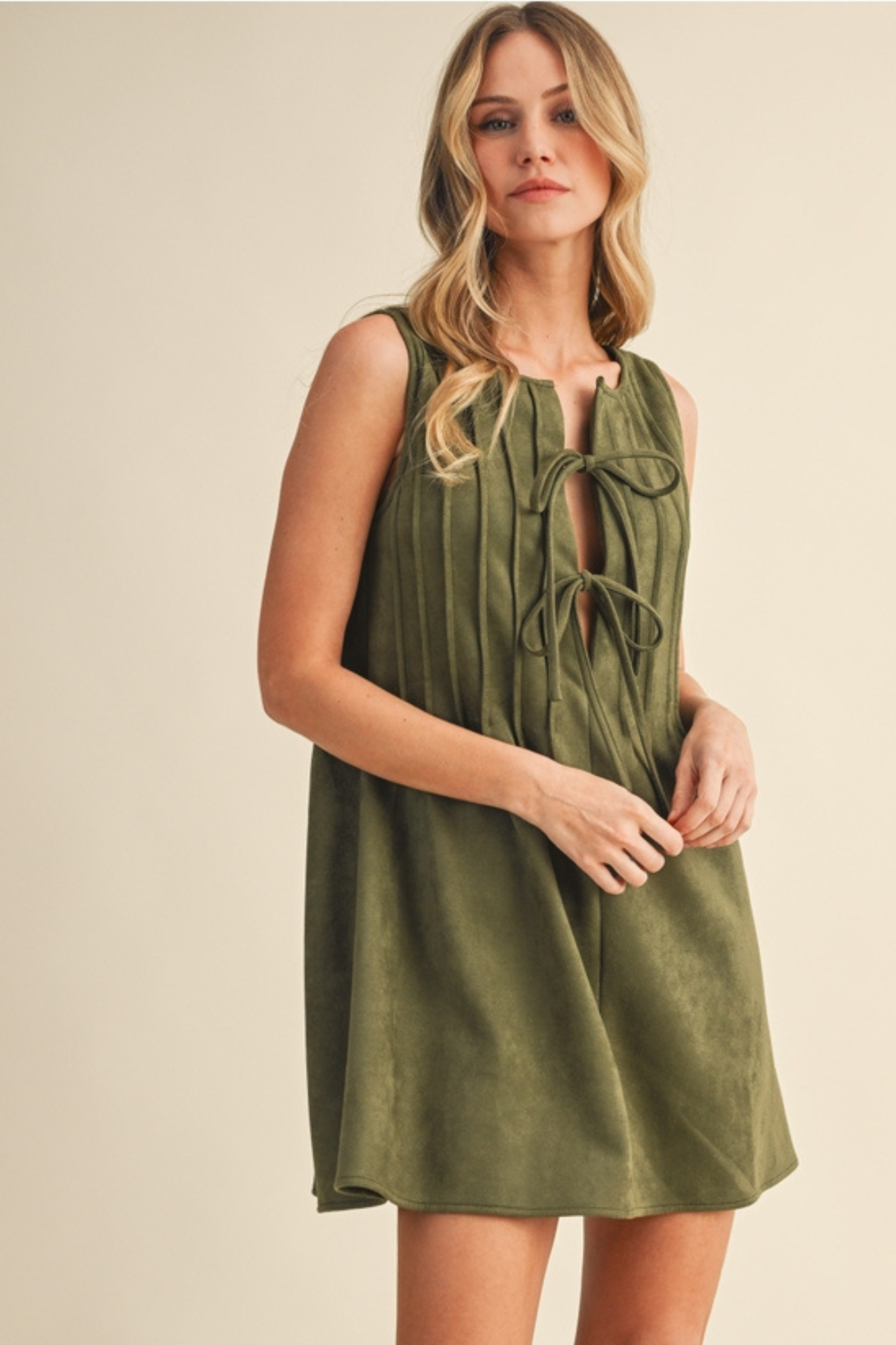 Sami Suede Pintuck Sleeveless Mini Dress - Olive