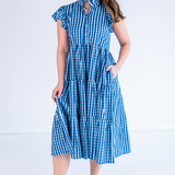 Lou Short Sleeve Flutter Midi Dress - Gingham Navy