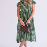 Lou Short Sleeve Flutter Midi Dress - Gingham Olive