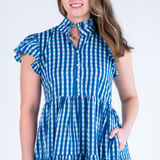 Lou Short Sleeve Flutter Midi Dress - Gingham Navy