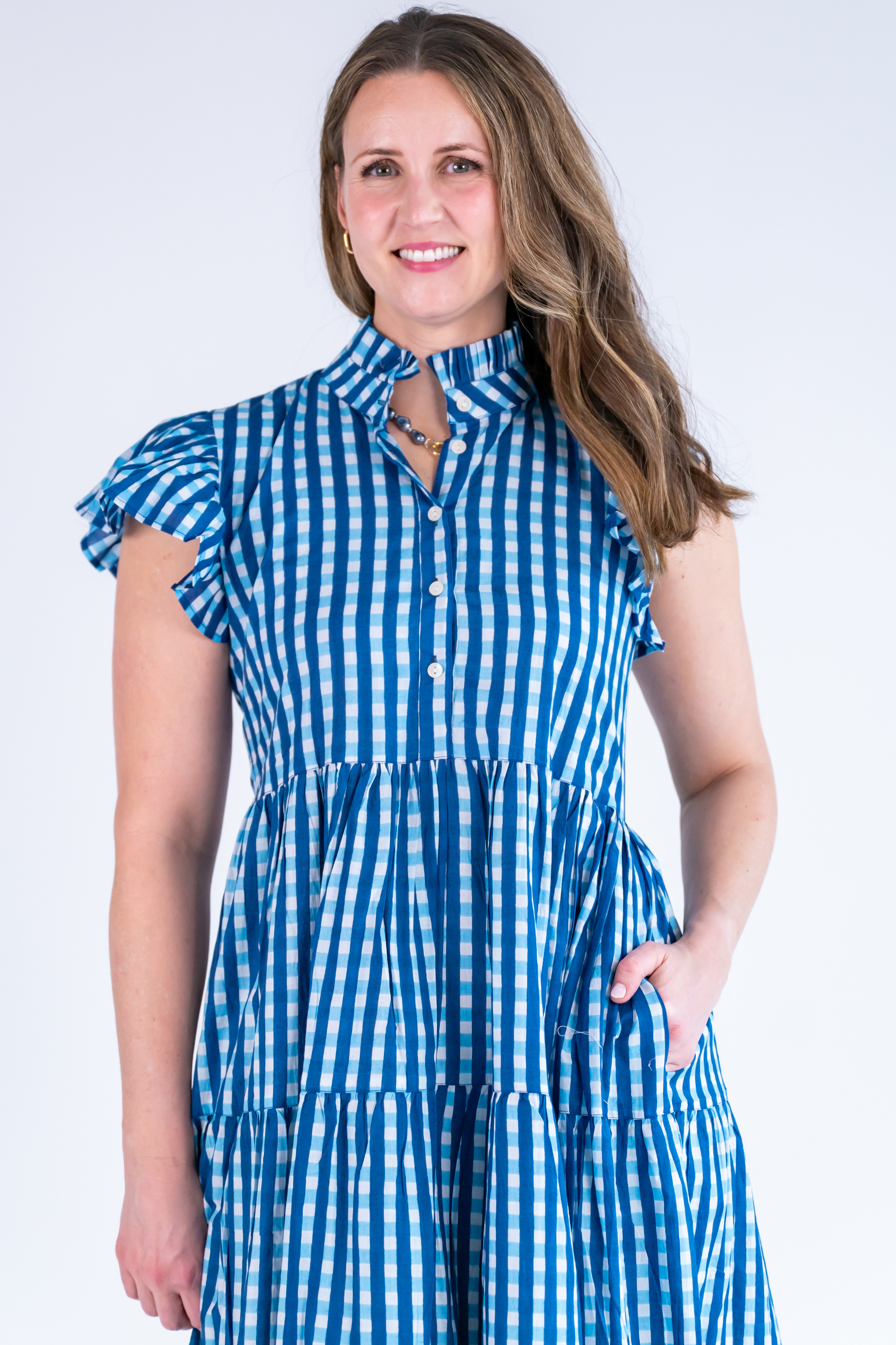 Lou Short Sleeve Flutter Midi Dress - Gingham Navy