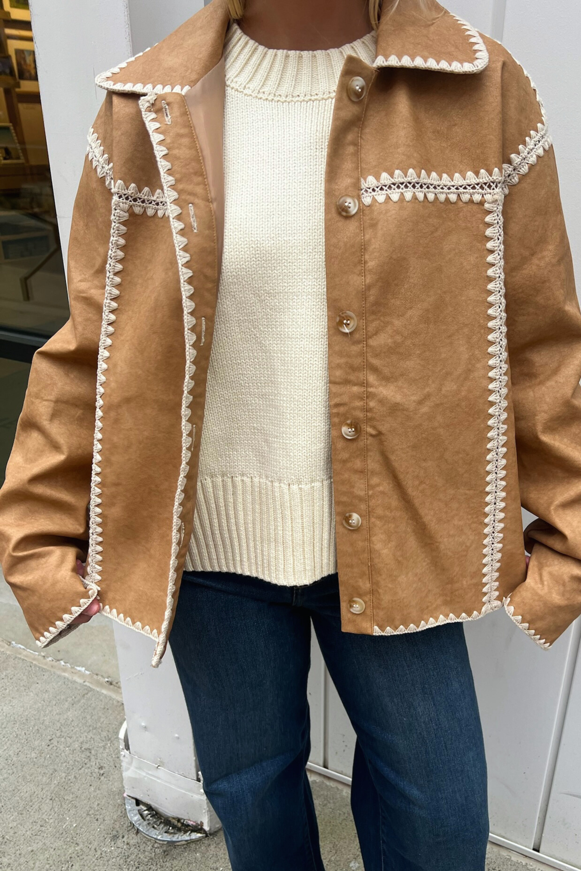 Jana Faux Leather Whipstitch Jacket - Sand/Ecru