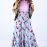 Britt Smocked Maxi Skirt - Grapefruit Stripe Blue