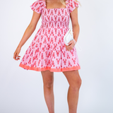 Lil Smocked Mini Dress - Coral Lobsters/Pink Stripe