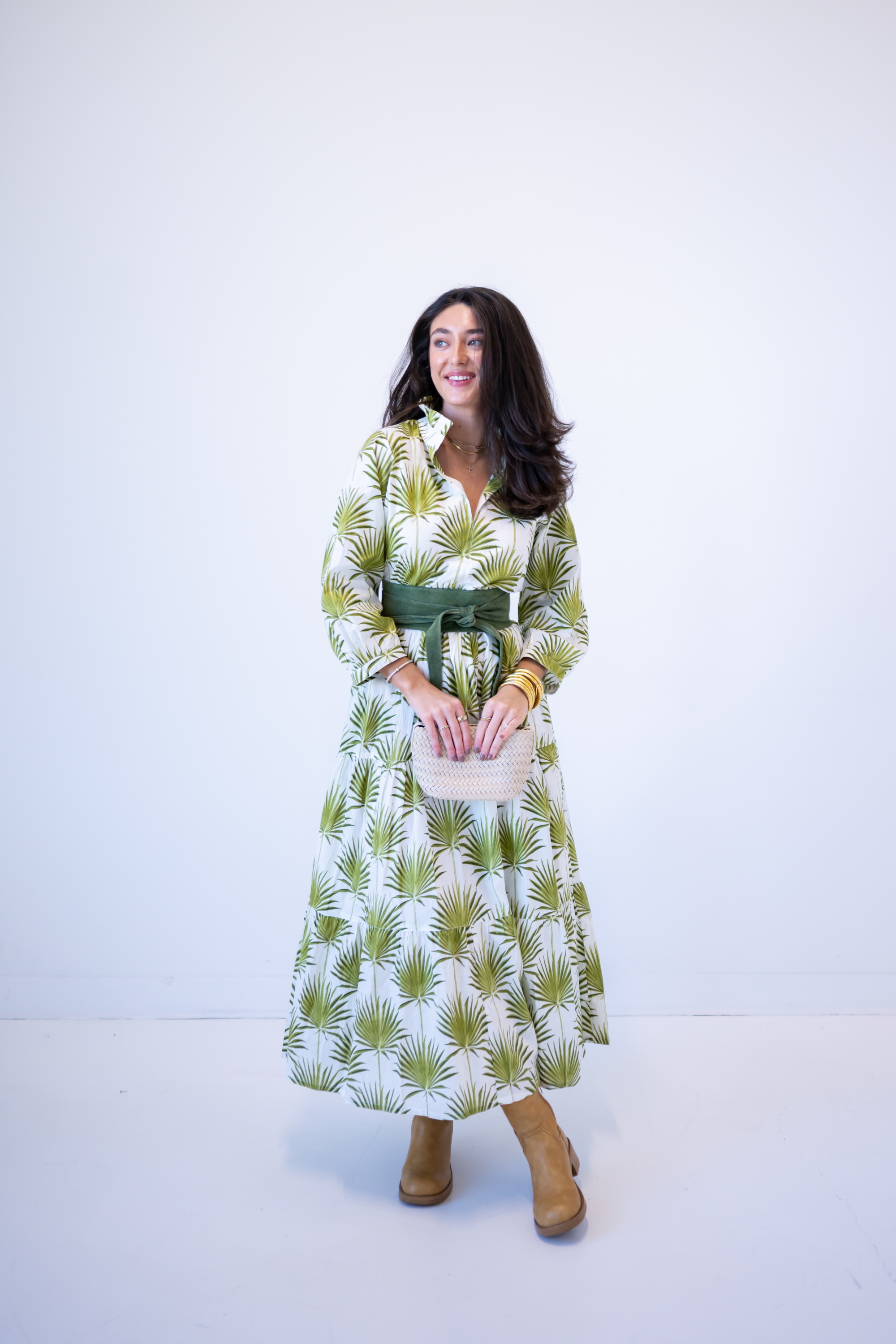 Esther 3/4 Sleeve Blockprint Maxi Dress - Palms Green
