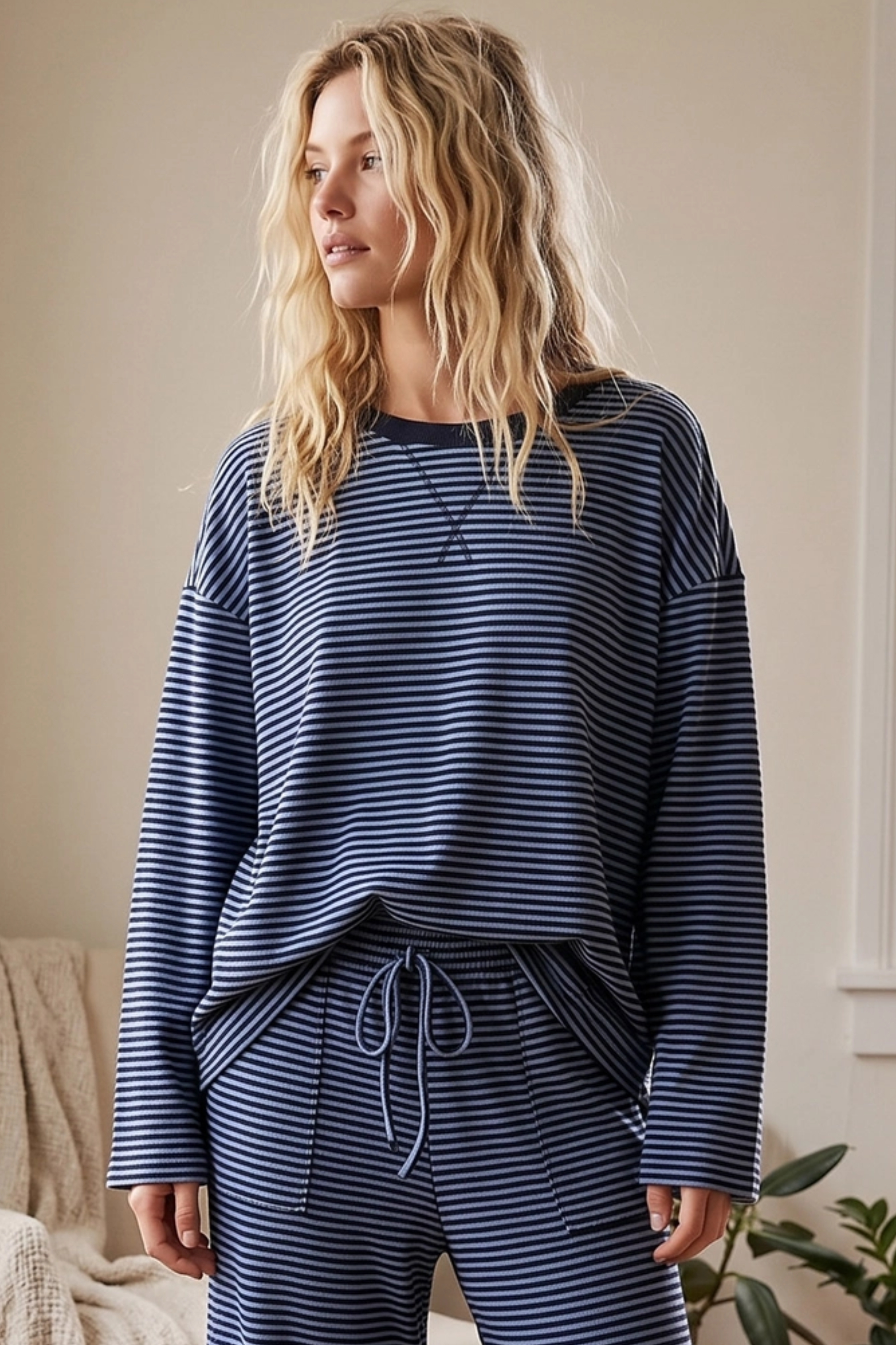 Ana Striped Relaxed Knit Set - Blue/Navy