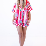 Madeline Jammy Short Set - Stripe Palm Red