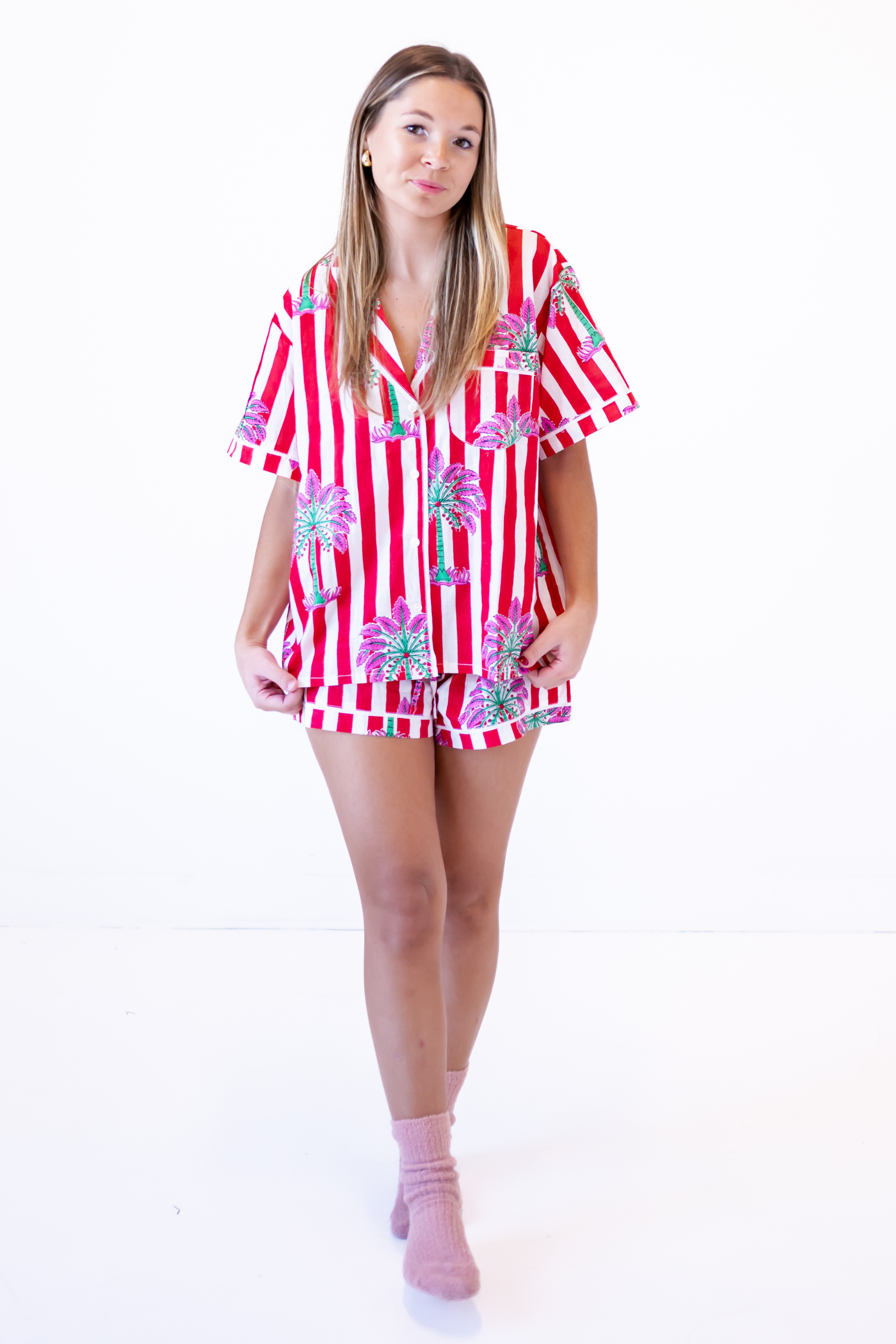 Madeline Jammy Short Set - Stripe Palm Red