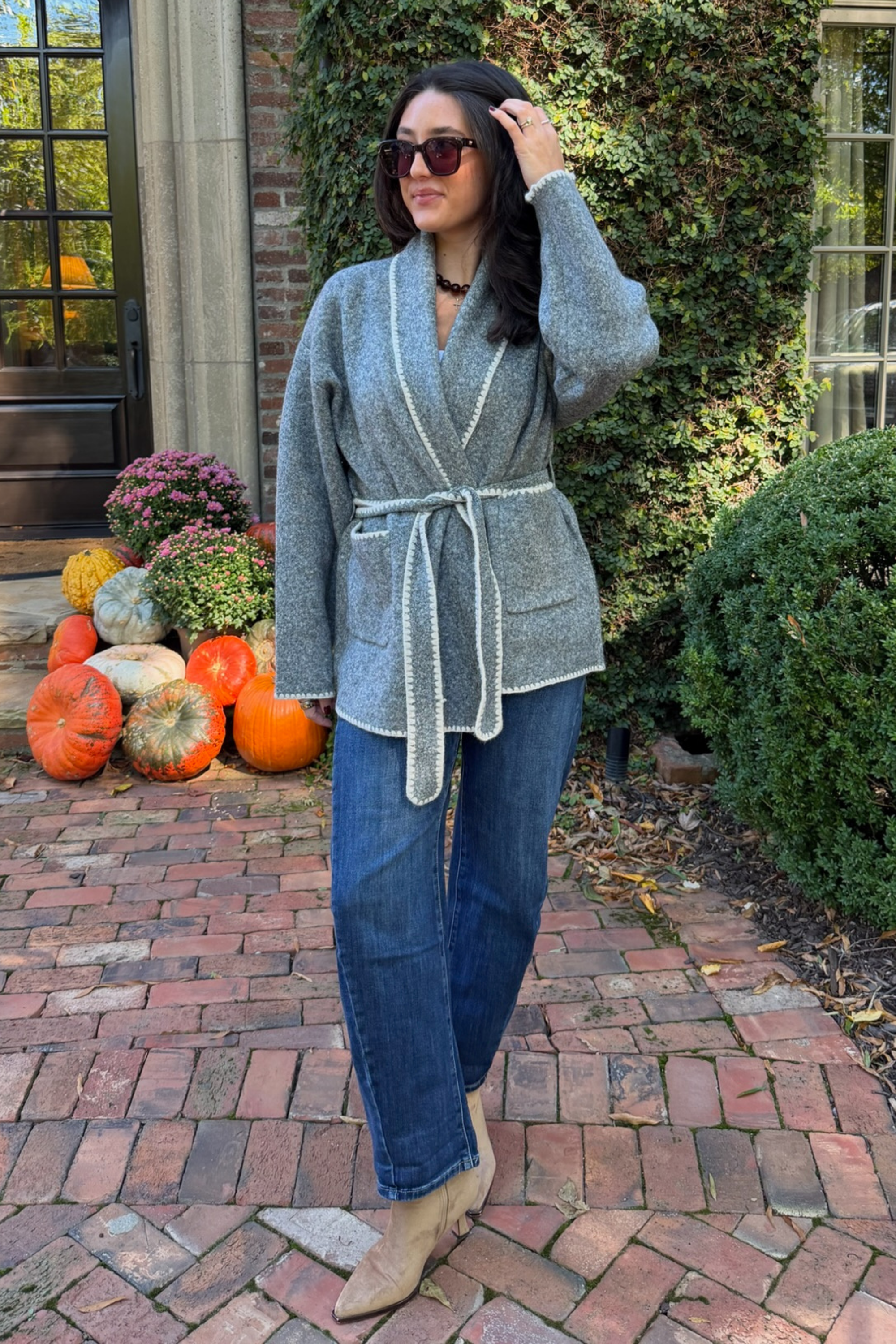 Whipstitch Cardigan with Belt - Heather Grey