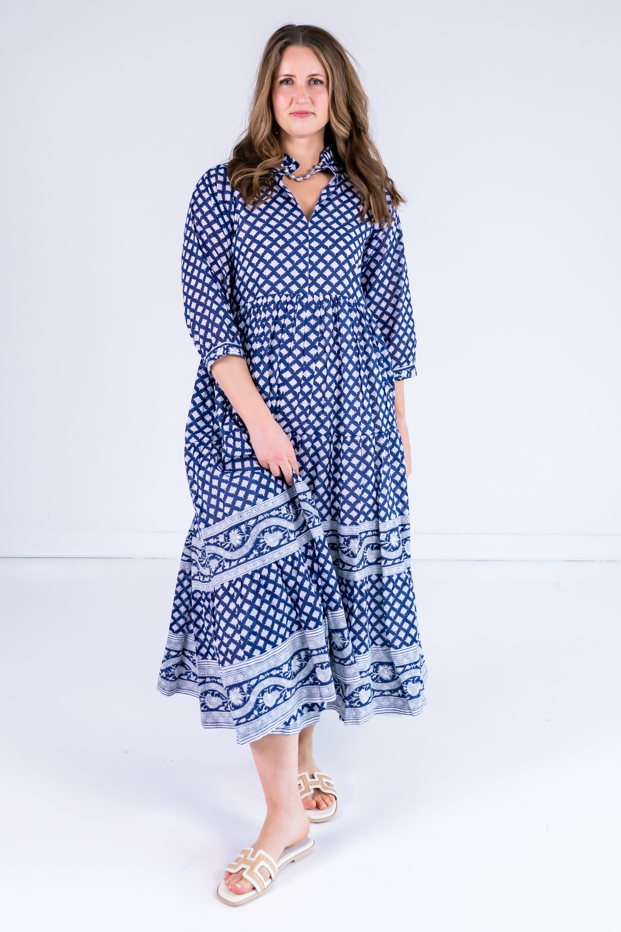 Esther 3/4 Sleeve Maxi Dress - Mini Lotus Navy