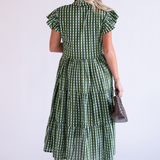 Lou Short Sleeve Flutter Midi Dress - Gingham Olive