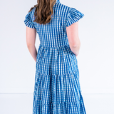 Lou Short Sleeve Flutter Midi Dress - Gingham Navy