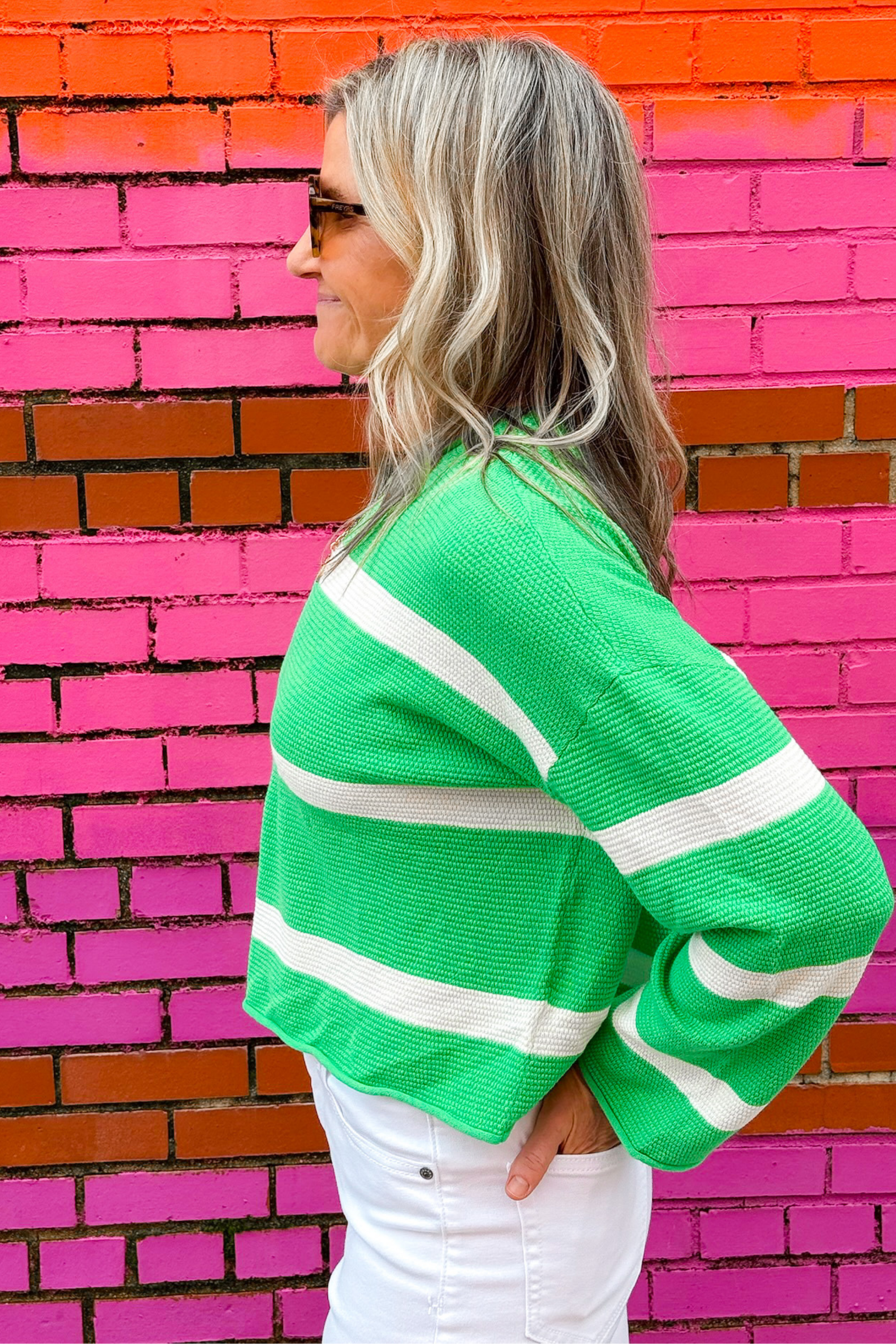 Zephyr Crop Stripe Sweater - Rolling Green / White