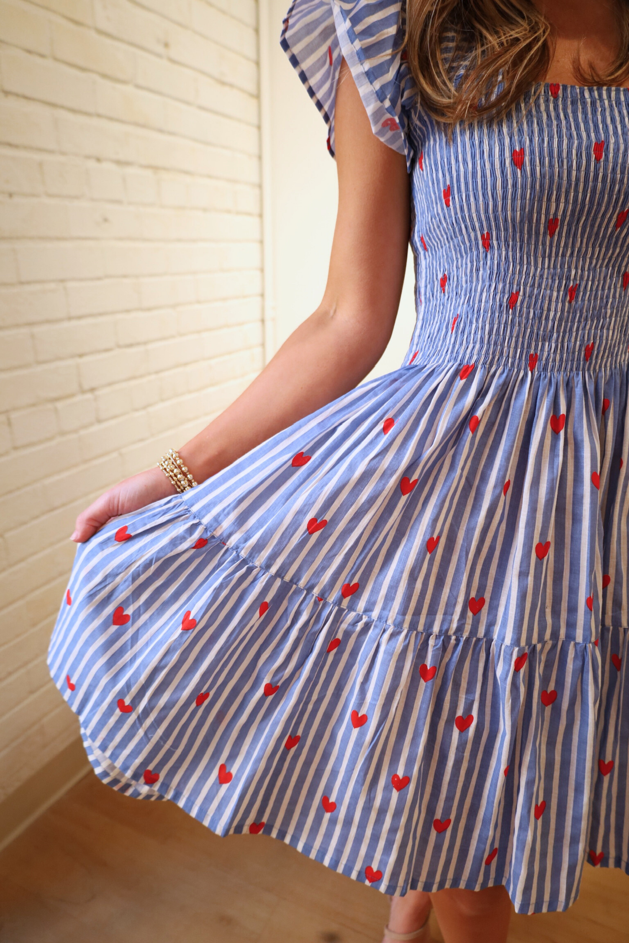 Lil Smocked Mini Dress - Stripe Heart Blue