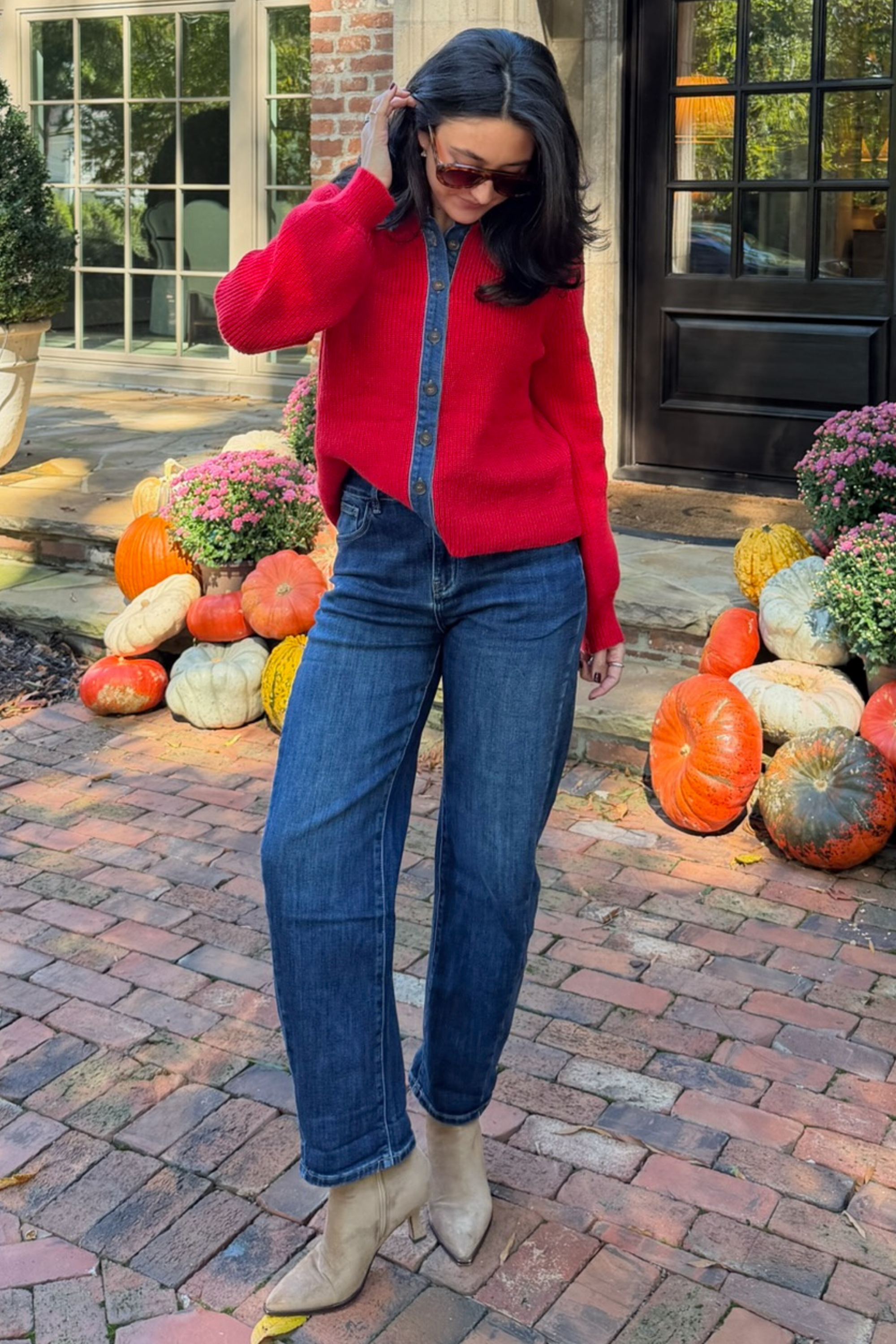 Rosie Knit Denim Collared Cardigan - Cherry Tomato