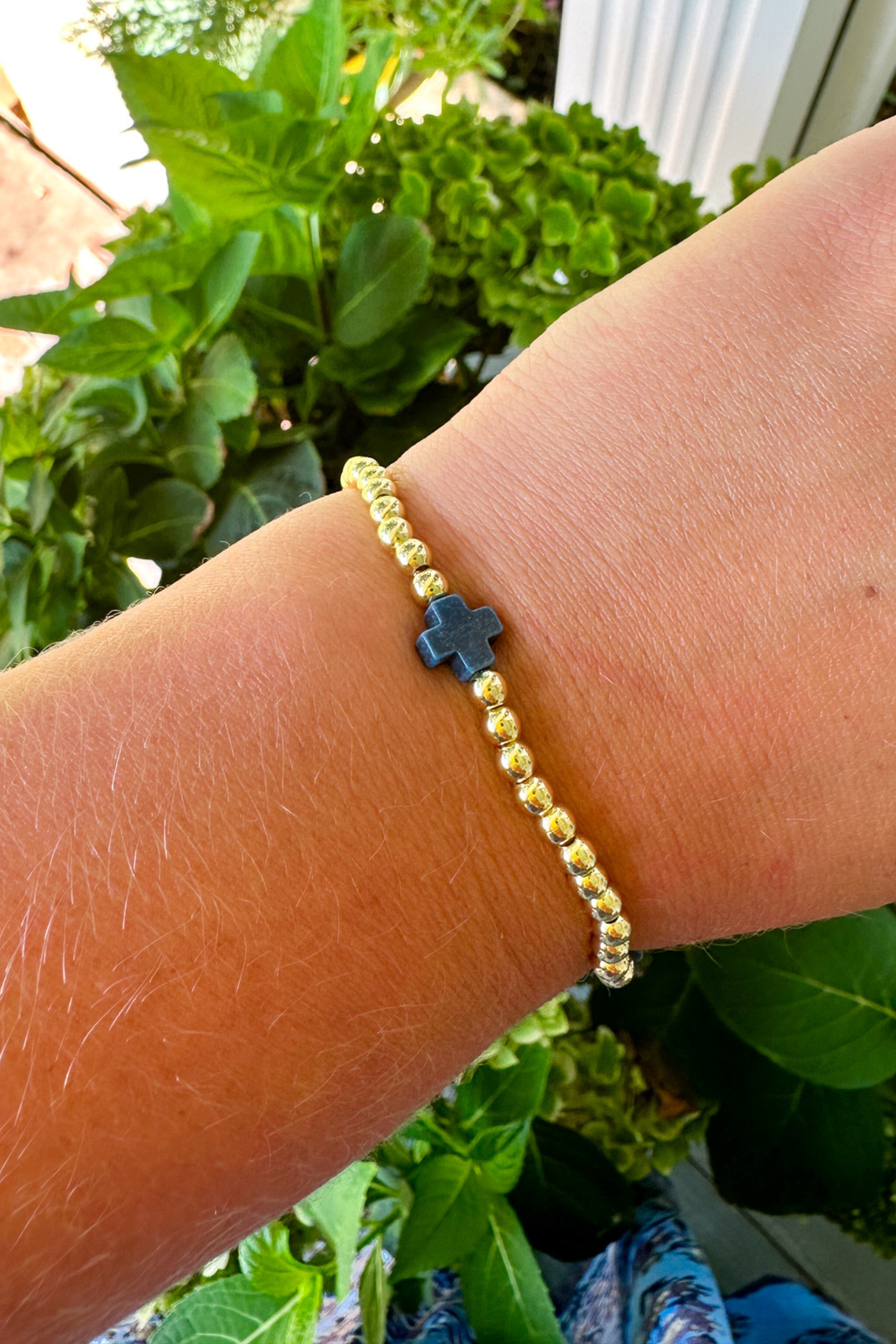 Ro Gold Bead Cross Bracelet - Navy