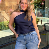 Susan Tie Neck Top - Navy