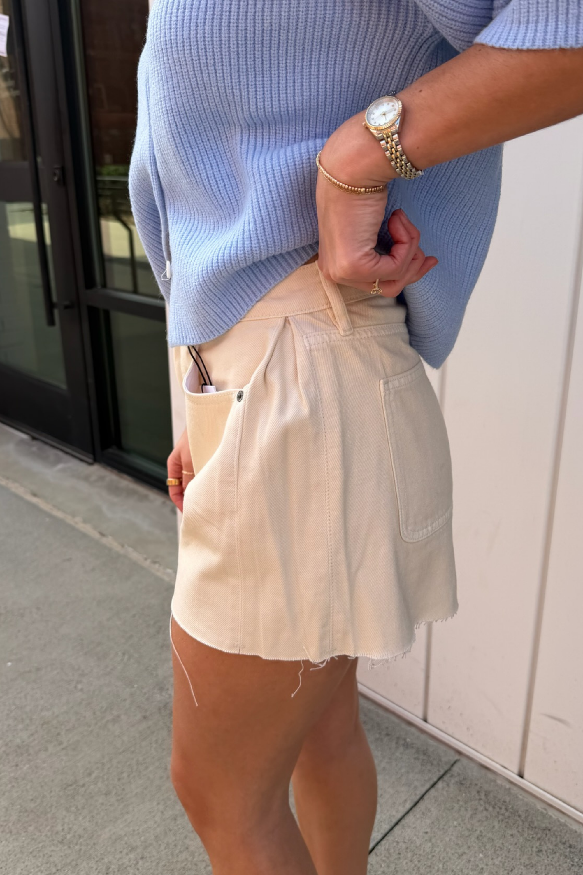 Ava A-Line Denim Shorts - Ecru