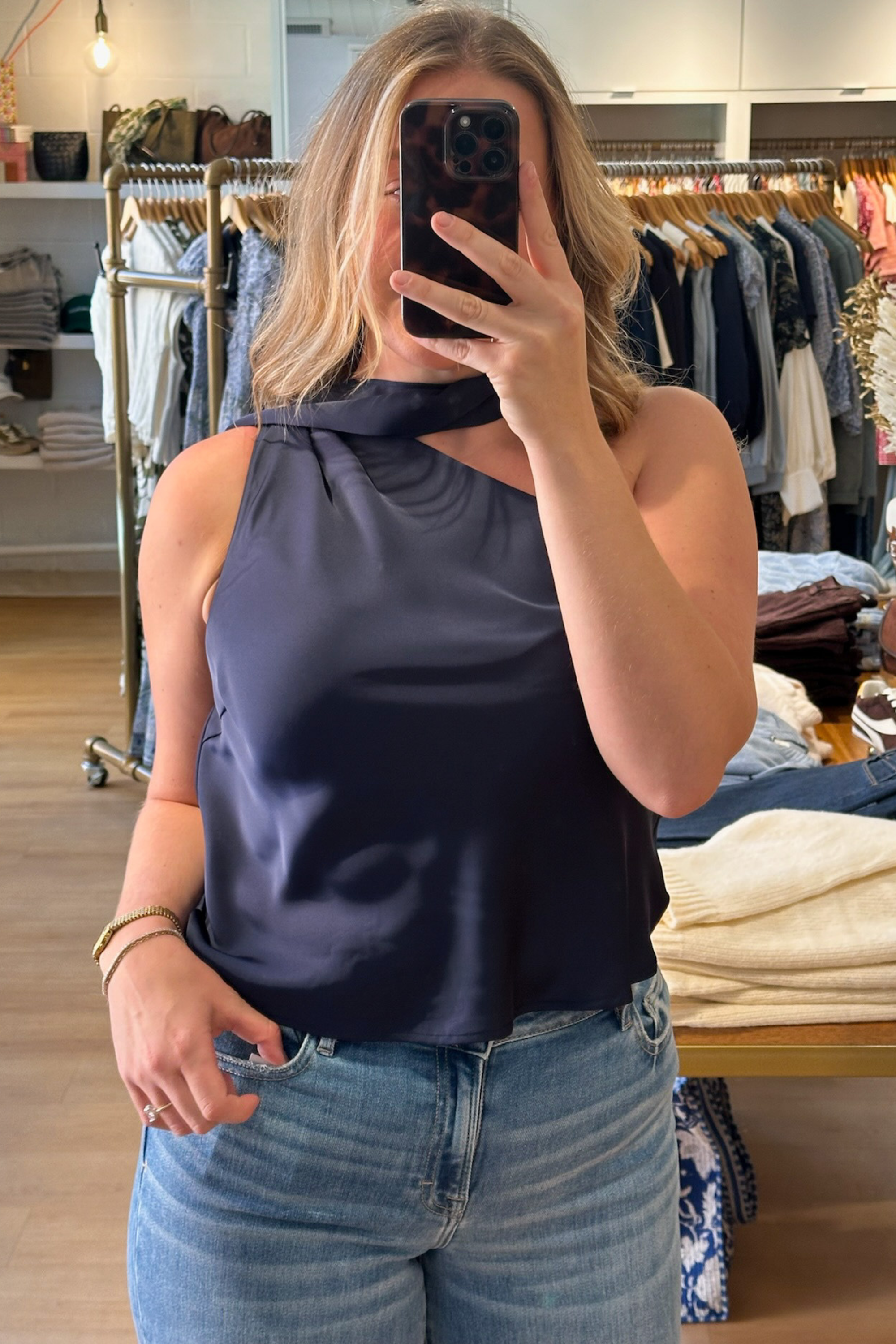 Susan Tie Neck Top - Navy