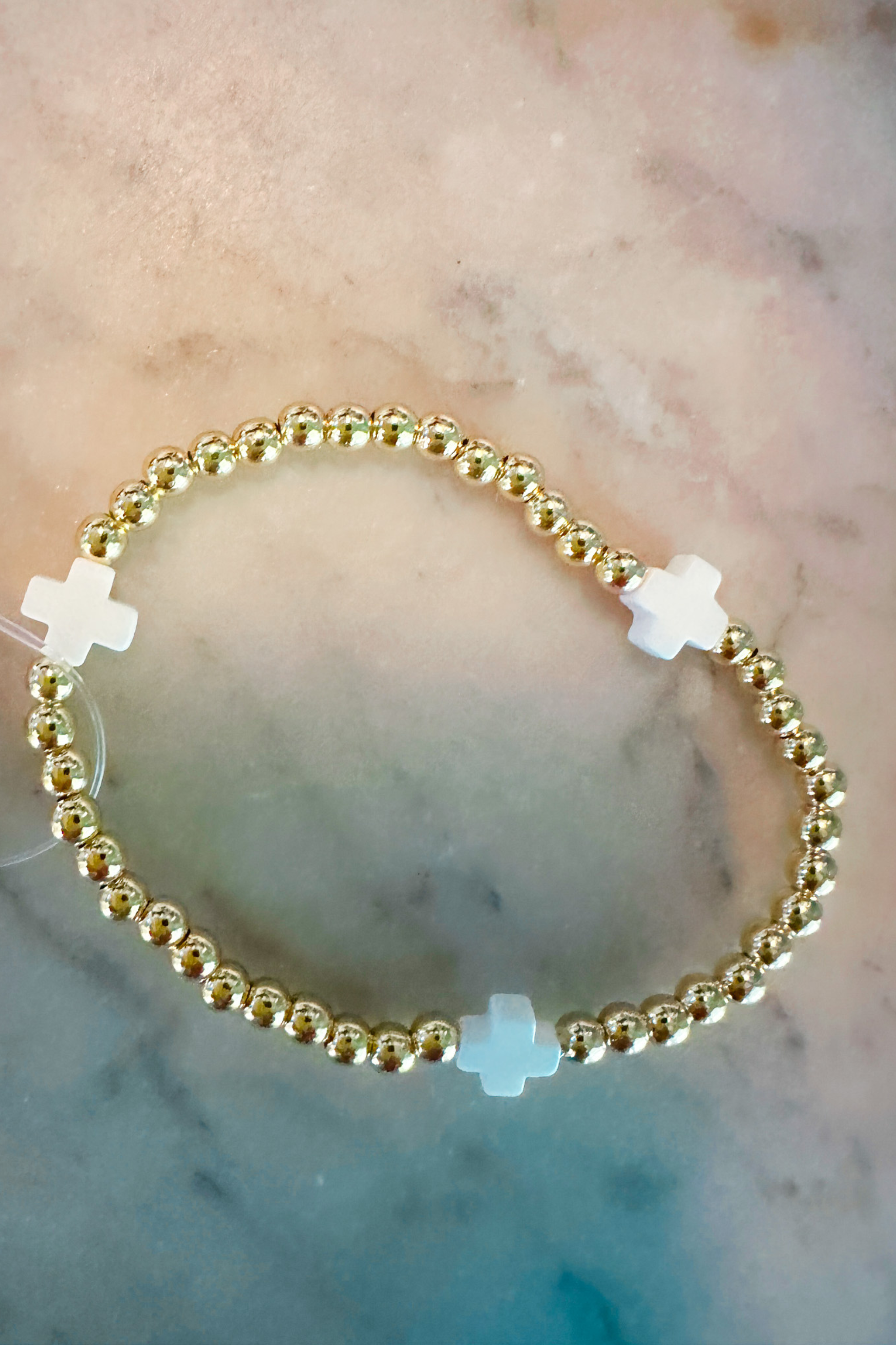 Ro Gold Bead Cross Bracelet - White