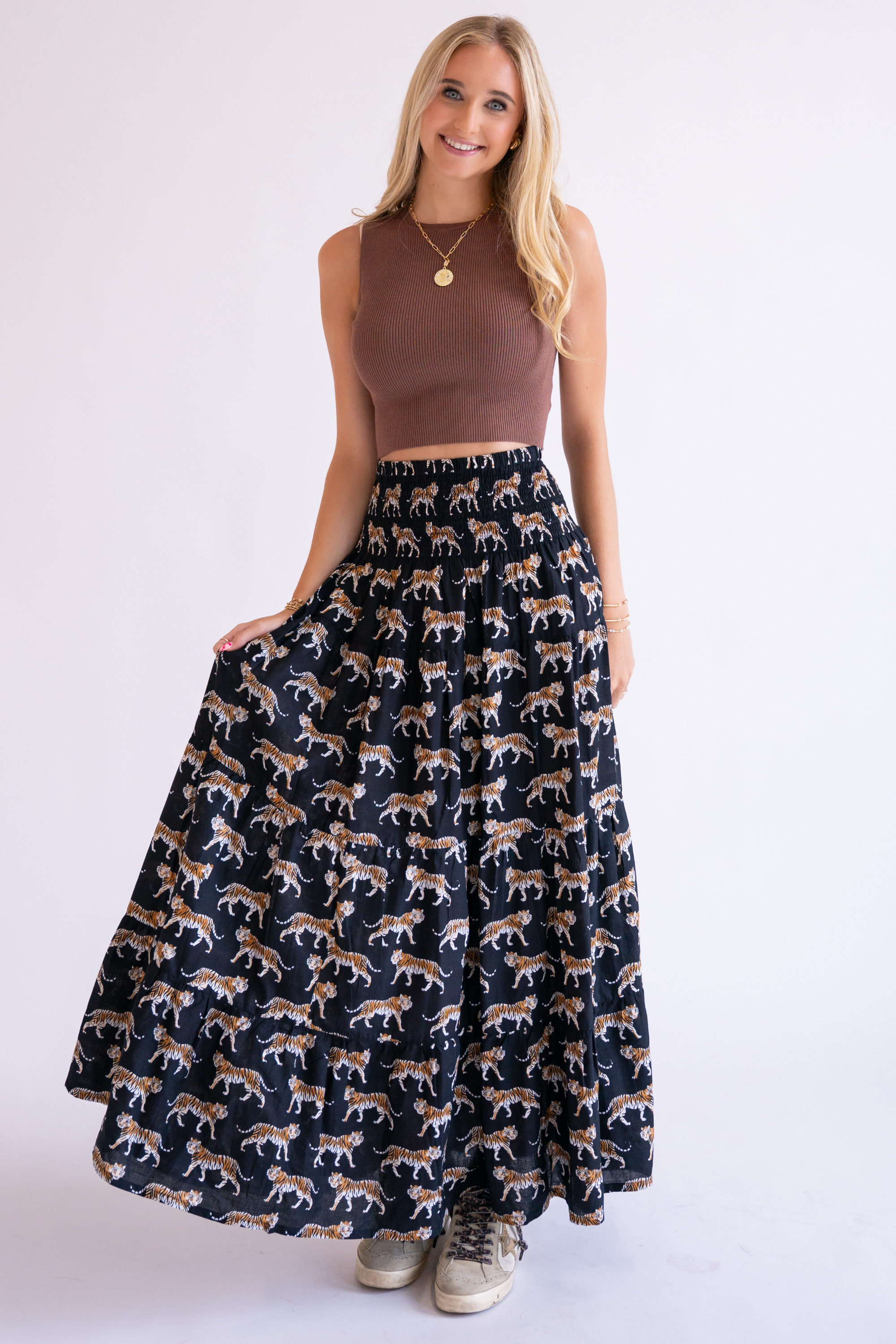 Britt Fall Smocked Maxi Skirt - Tigers Black